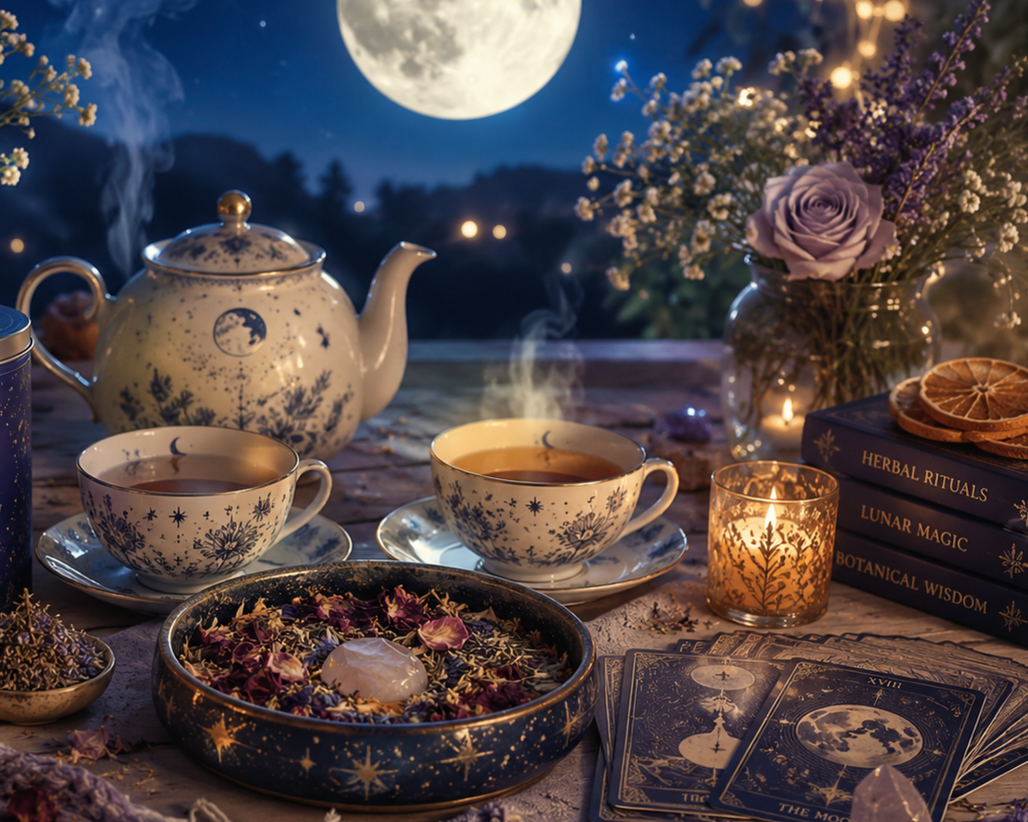 full moon ceremony with tea and tarot